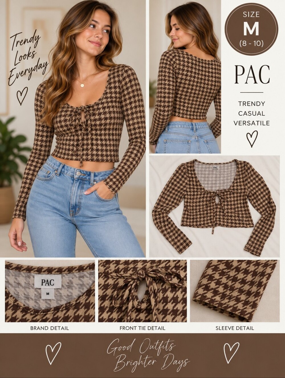Pac women's medium brown design long sleeve crop top #31
